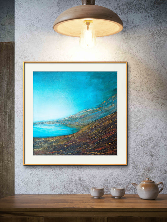 Au bord de l'eau 40x40cm - Turquoise sky above mountains - acrylic painting, textured