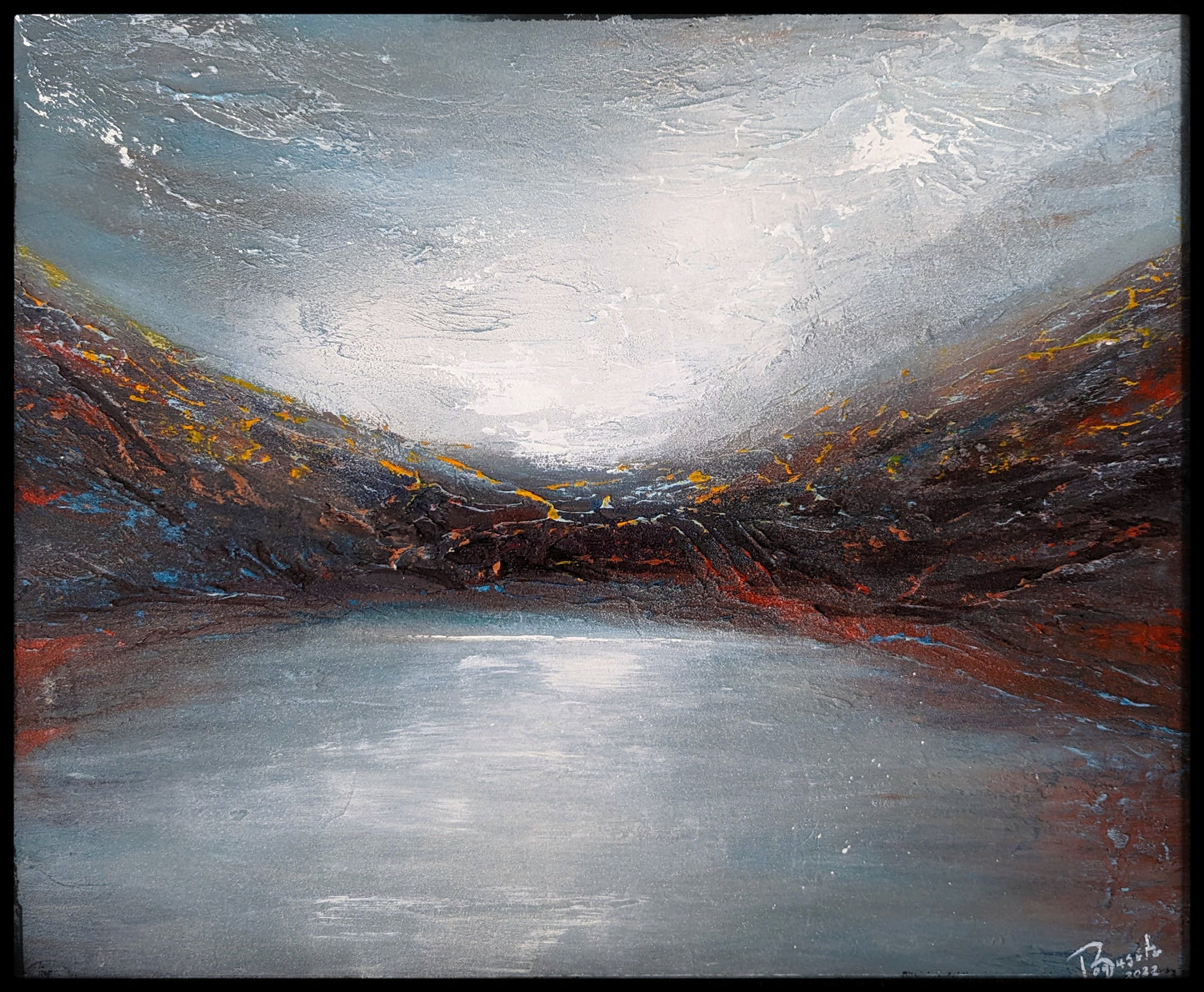 Foggy Mountains 48x37 - Textured, calm semi-abstract acrylic painting